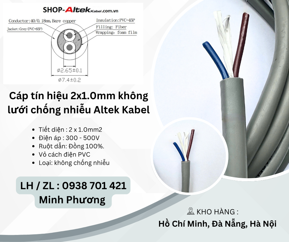 Cáp tín hiệu 2x1.0mm không lưới chống nhiễu Altek Kabel Đà Nẵng, Hà Nội, Bình Đị